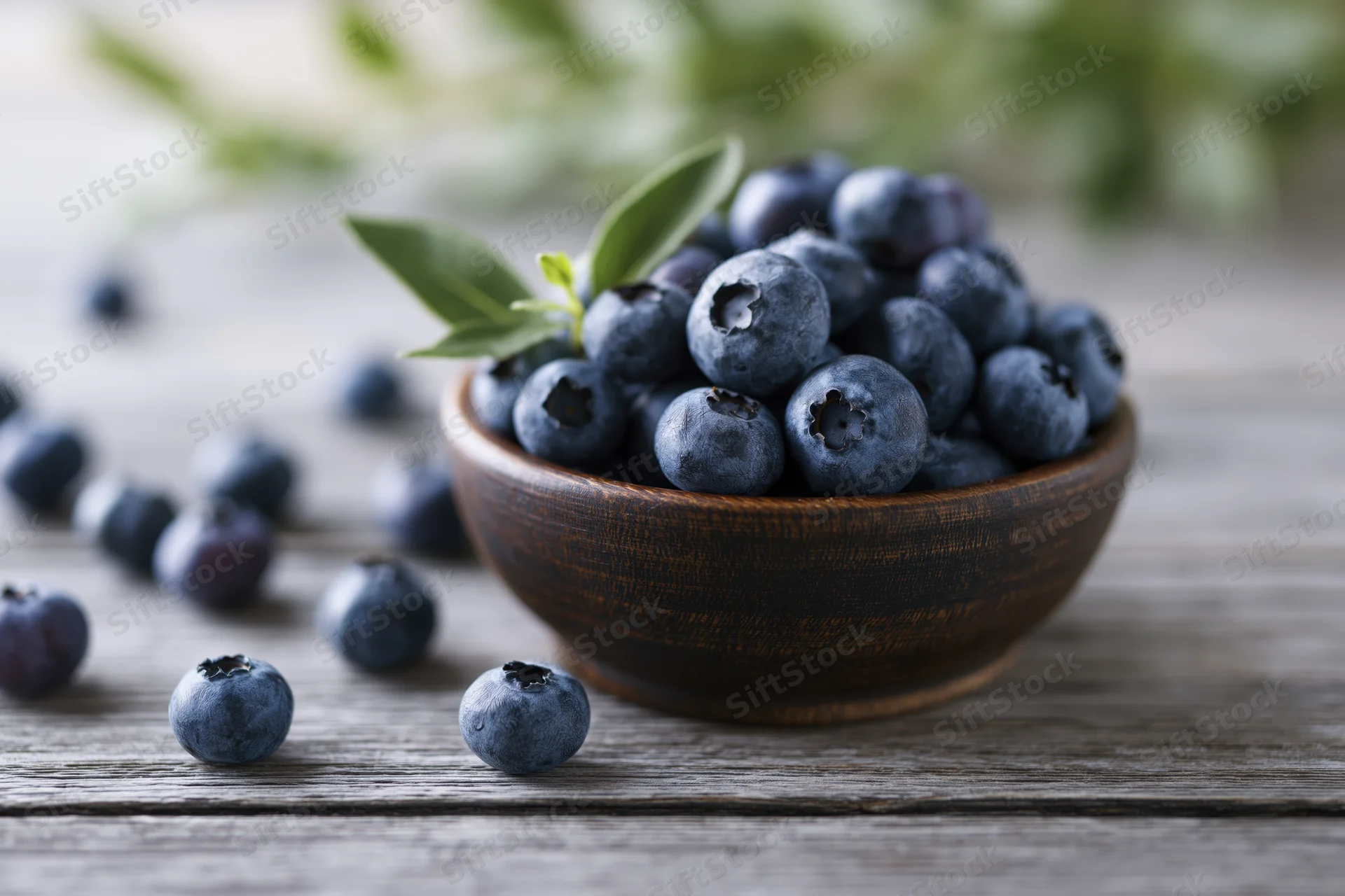 Fresh blueberries piled in a dark wooden bowl on a rustic wooden table with scattered berries and green leaves