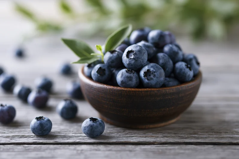 Fresh blueberries piled in a dark wooden bowl on a rustic wooden table with scattered berries and green leaves