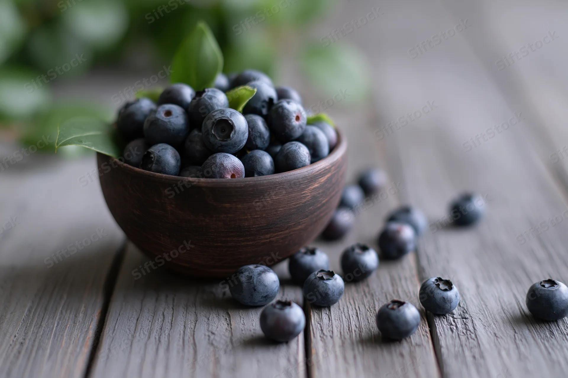 Fresh blueberries in a dark wooden bowl on a rustic wooden table with scattered berries and green leaves