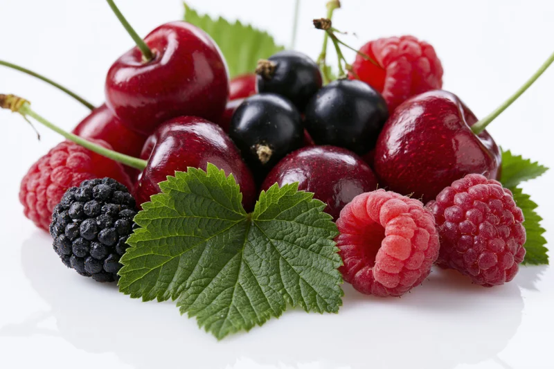 Fresh cherries with stems, black currants and raspberries arranged with green leaves on white background