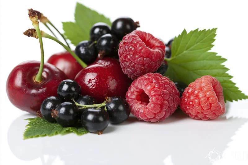 Cherries with stems, black currants and raspberries arranged on white background with green leaves