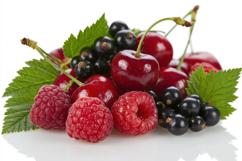 Fresh cherries with stems, black currants and raspberries arranged with green leaves on white background