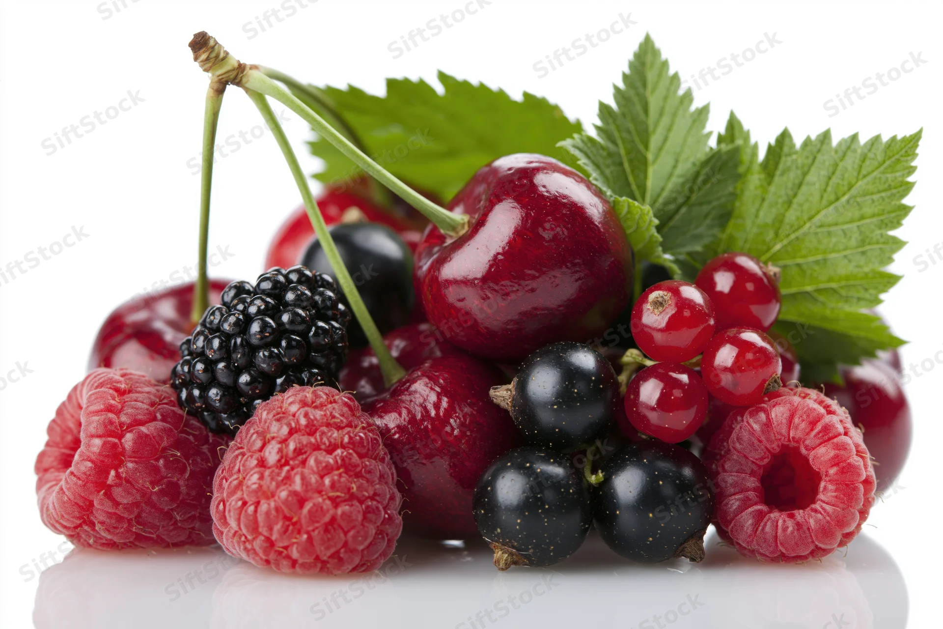 Fresh cherries with stems, black currants and raspberries arranged with green leaves on a white reflective surface