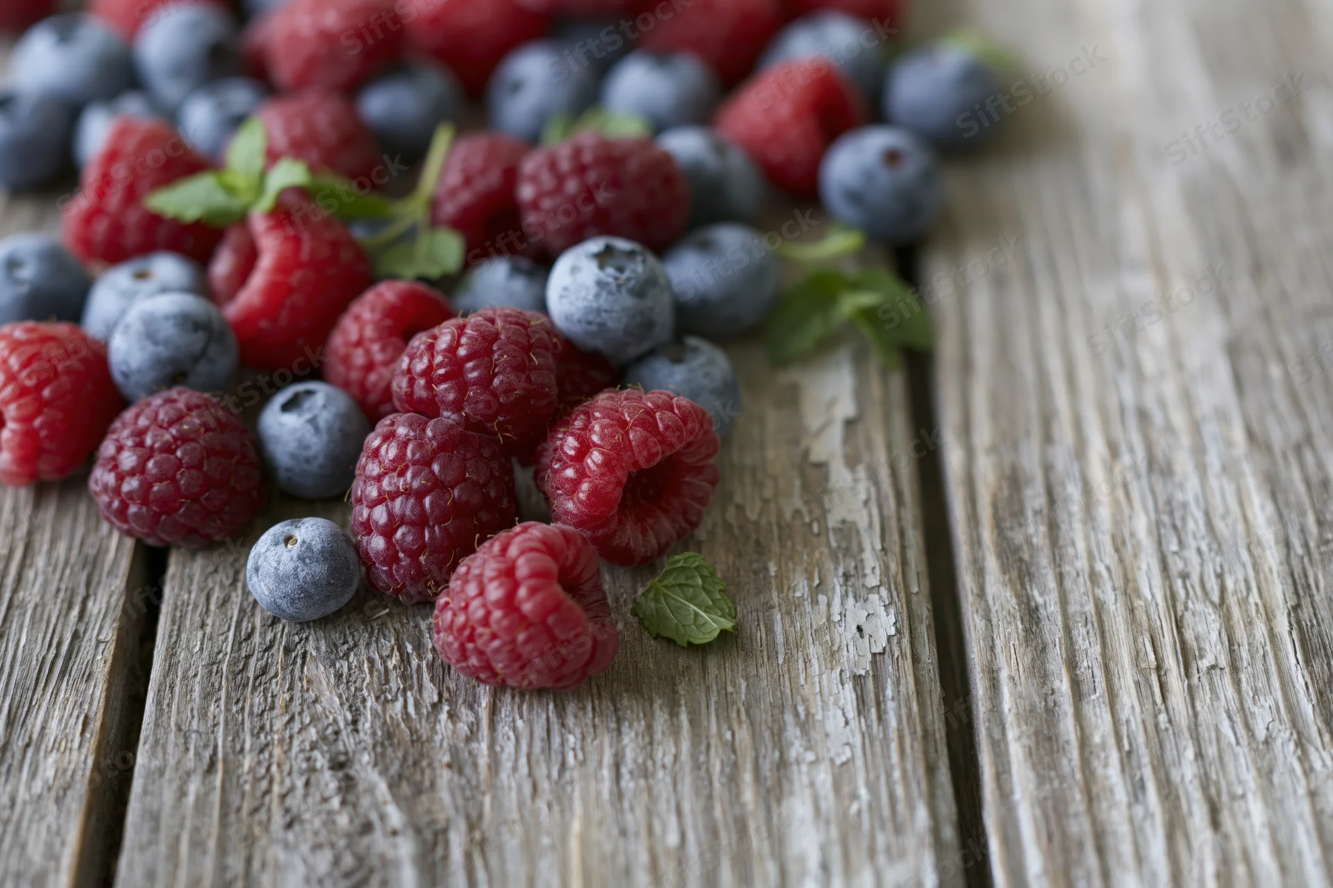 Fresh raspberries and blueberries scattered on a weathered wooden surface with mint leaves