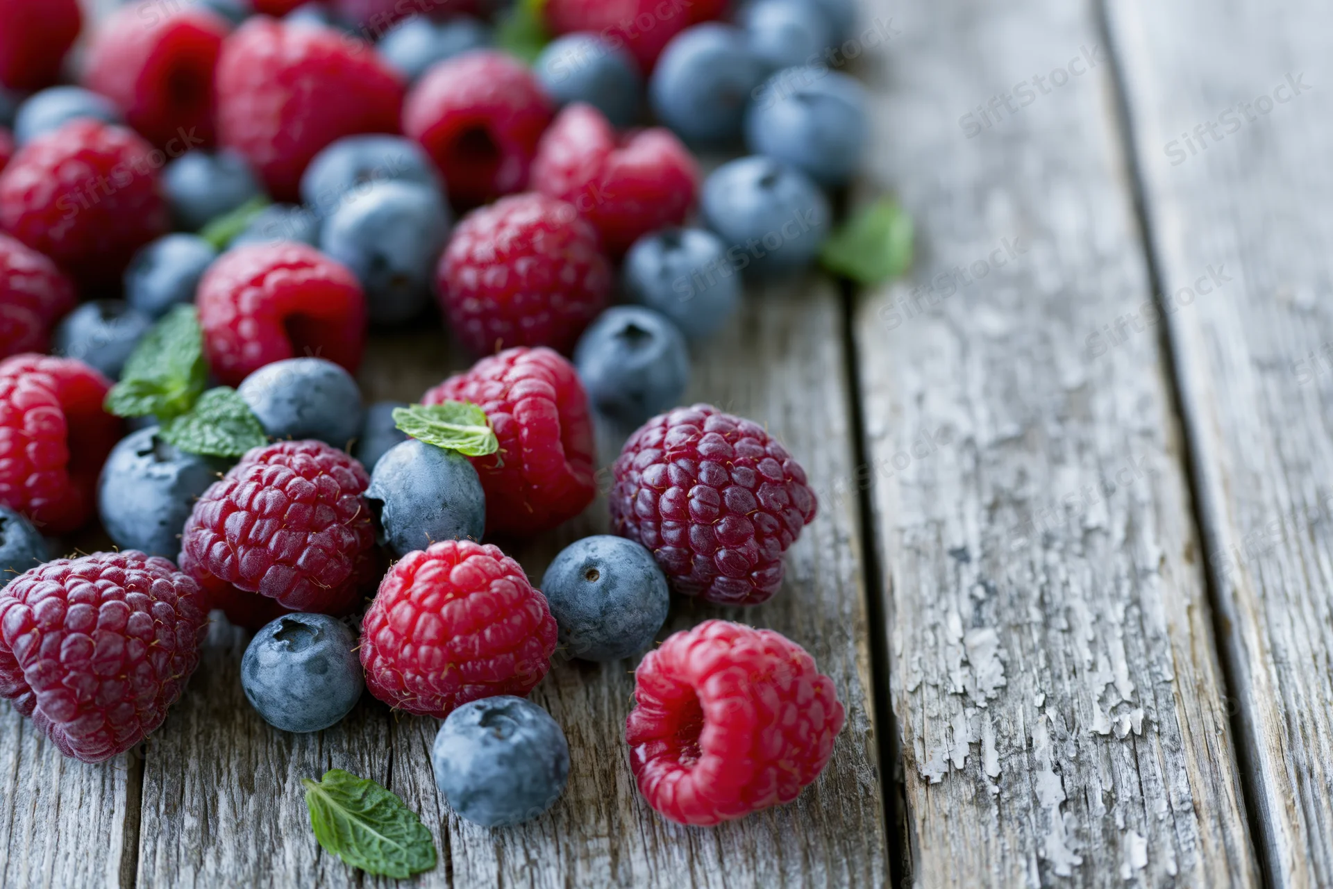 Fresh raspberries and blueberries scattered on a weathered wooden table with mint leaves