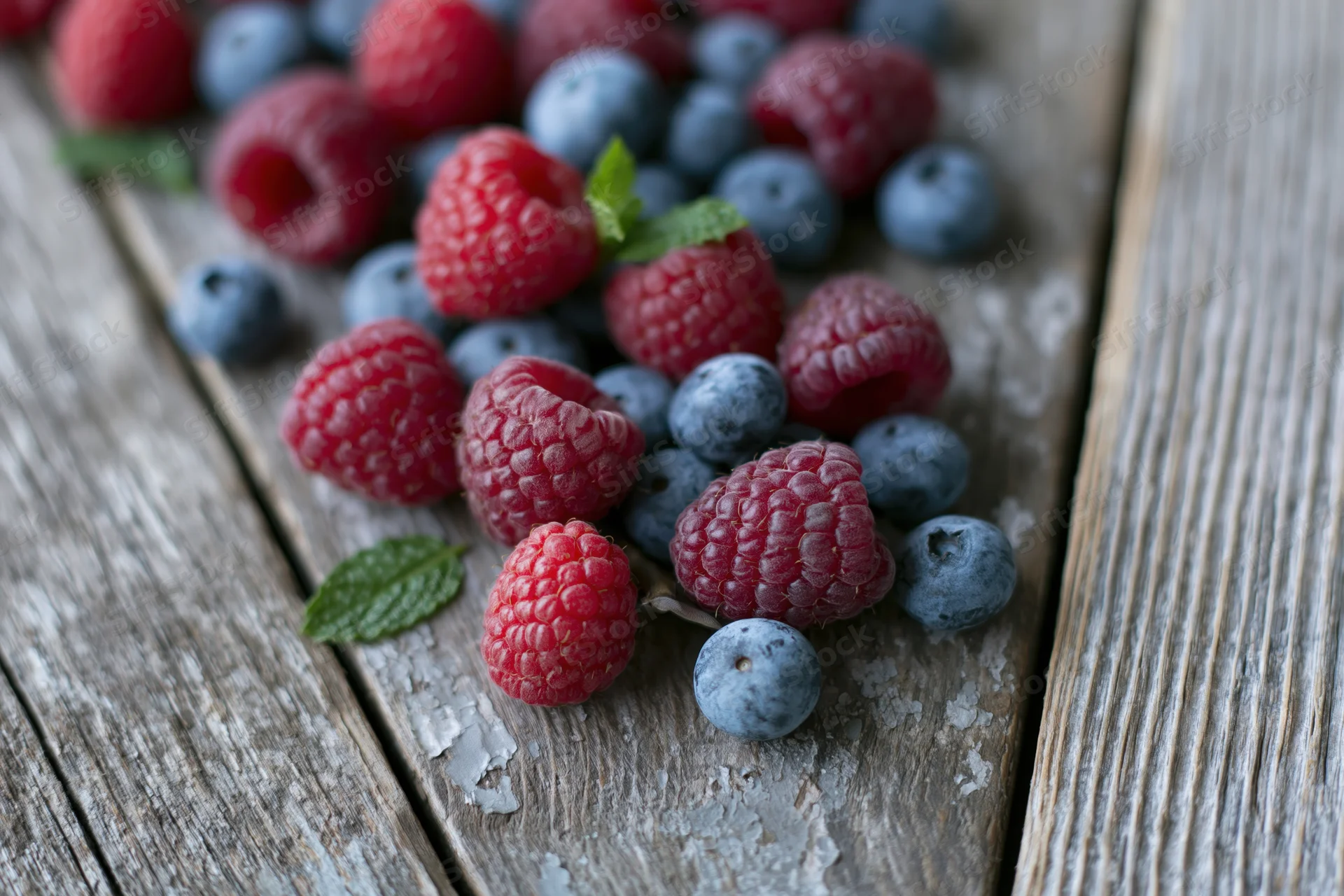 Fresh raspberries and blueberries scattered on a weathered wooden surface with mint leaves