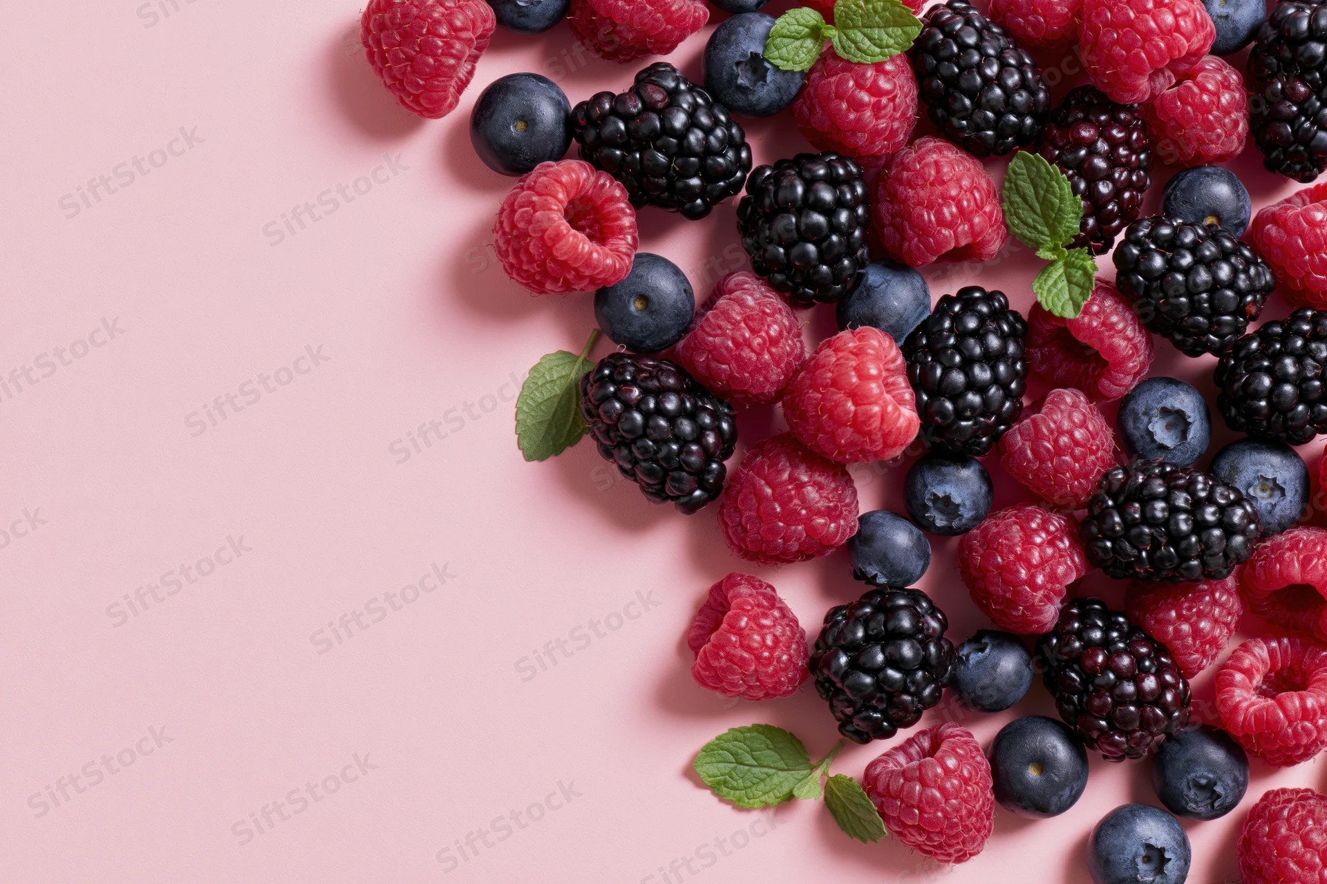 Fresh raspberries blackberries and blueberries scattered on pink surface with mint leaves
