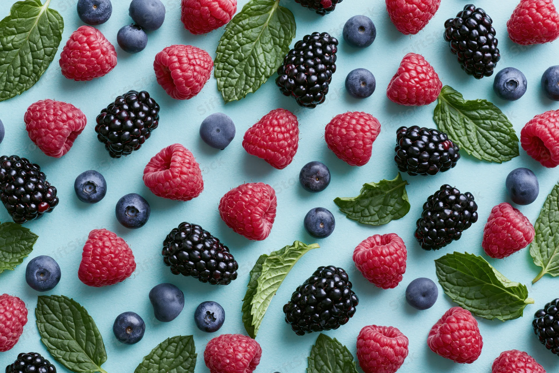 Fresh raspberries blackberries and blueberries scattered with mint leaves on a light blue surface