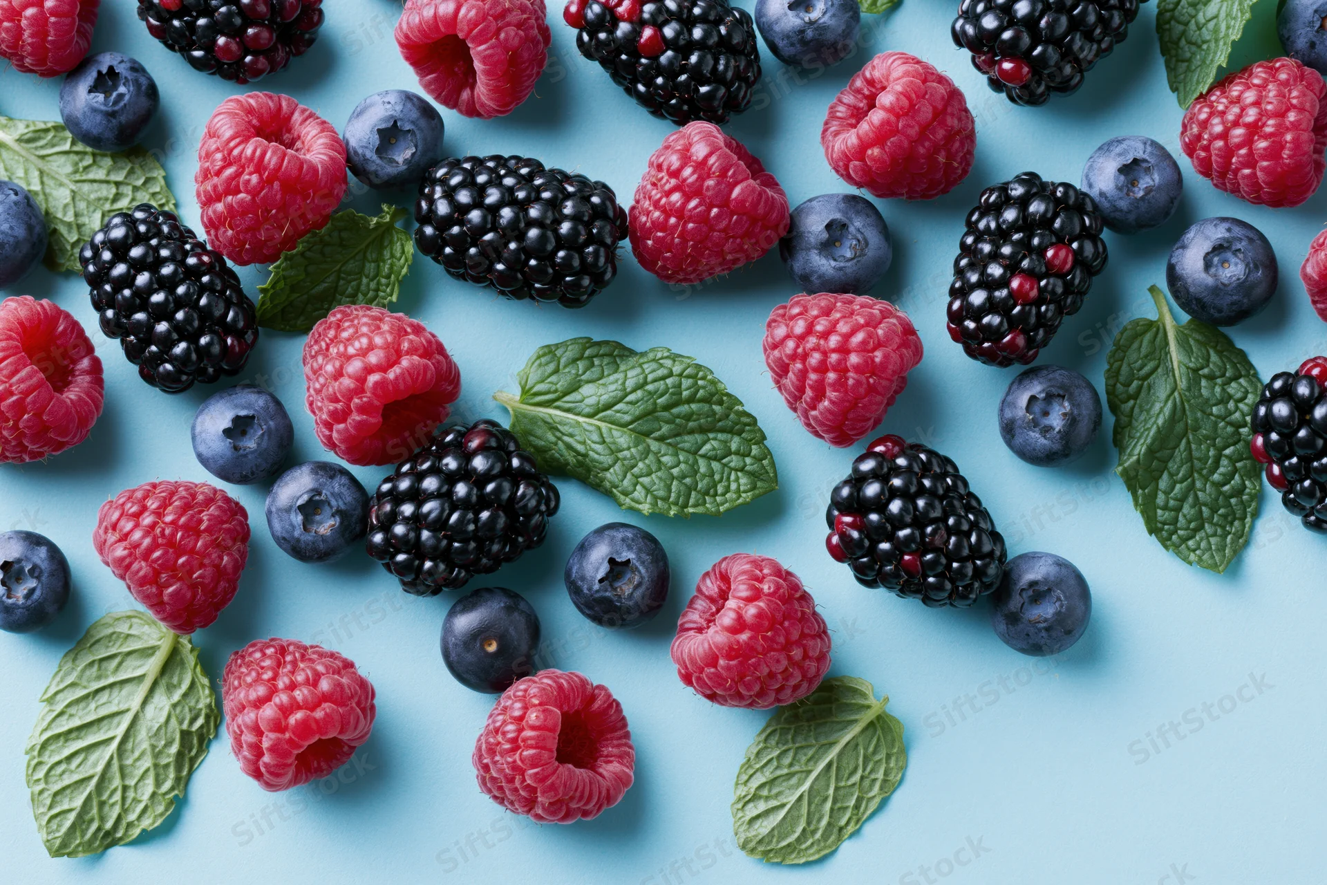 Fresh raspberries blackberries and blueberries scattered with mint leaves on a blue surface