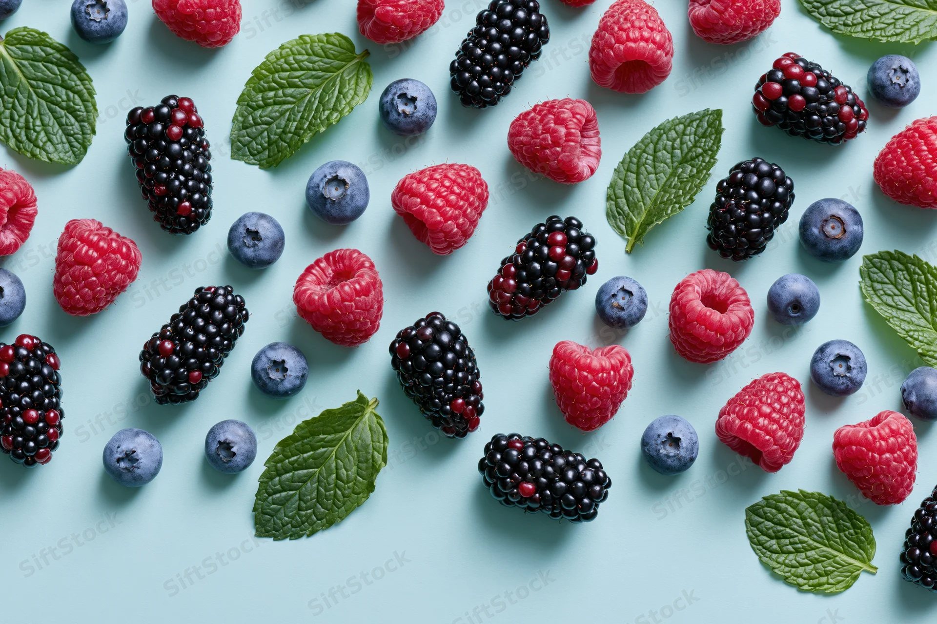 Fresh raspberries blackberries and blueberries scattered with mint leaves on a light blue surface