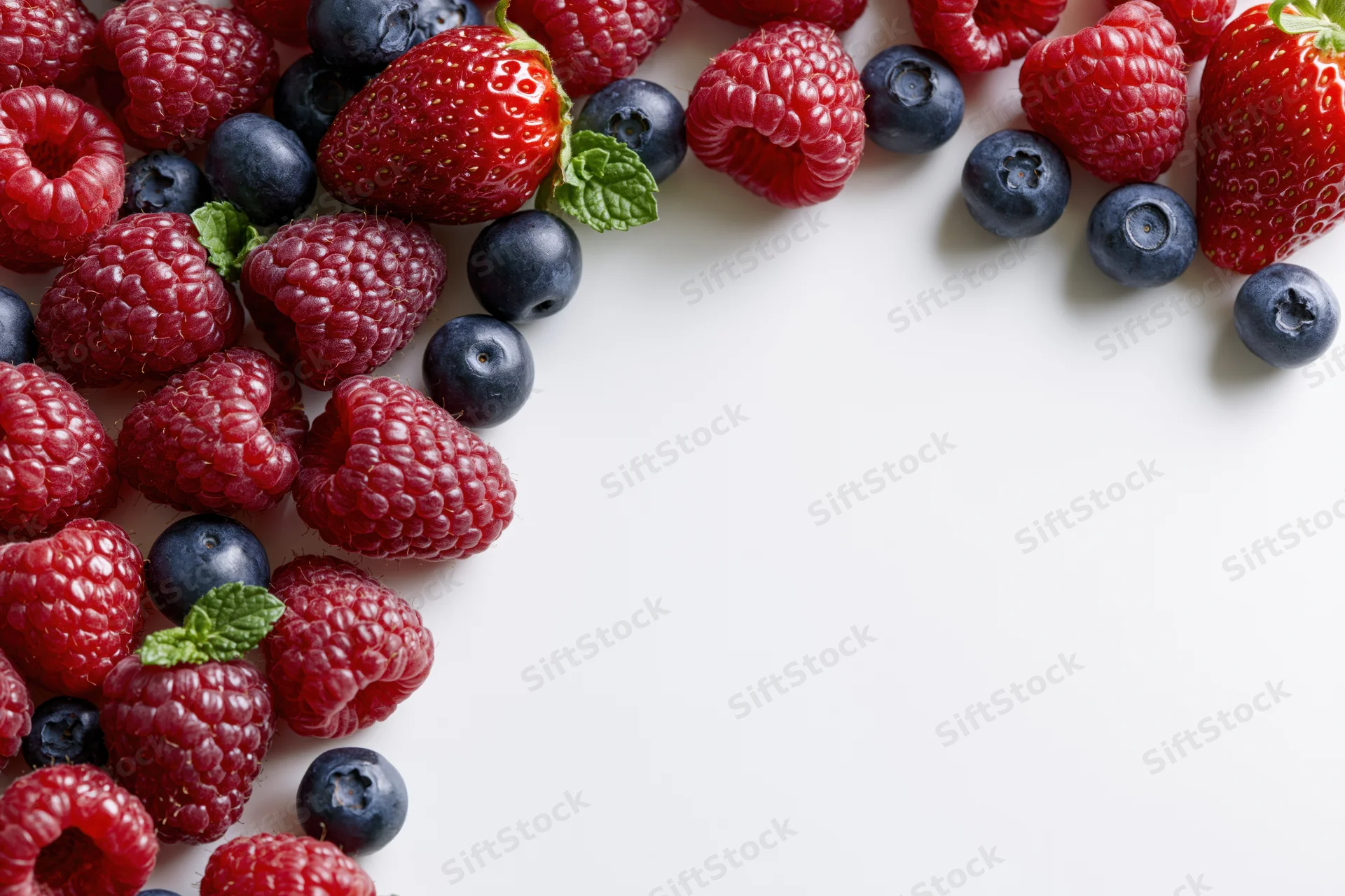 Fresh raspberries blueberries and strawberries arranged on white surface with copyspace