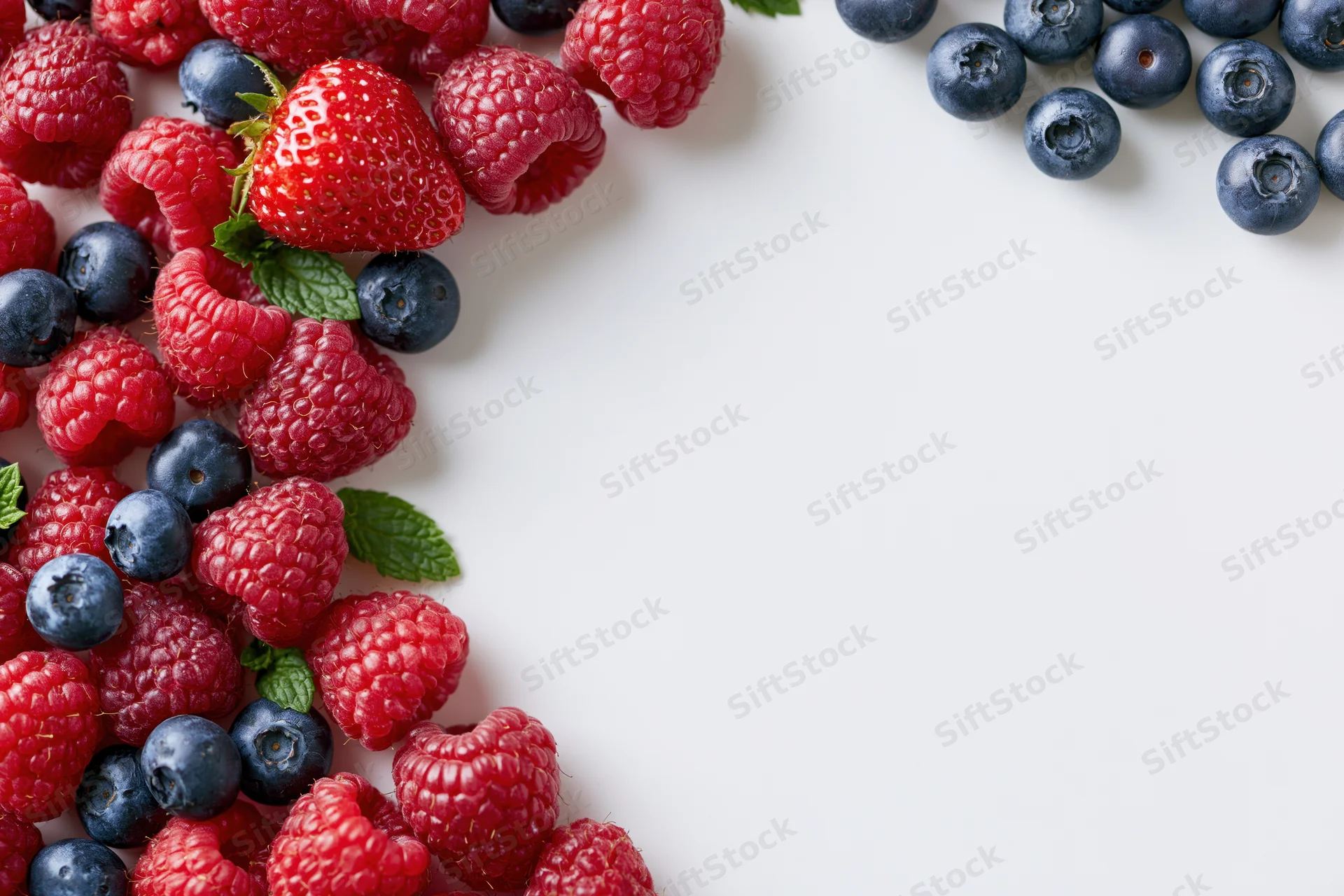 Fresh raspberries blueberries and one strawberry arranged on white surface with copyspace