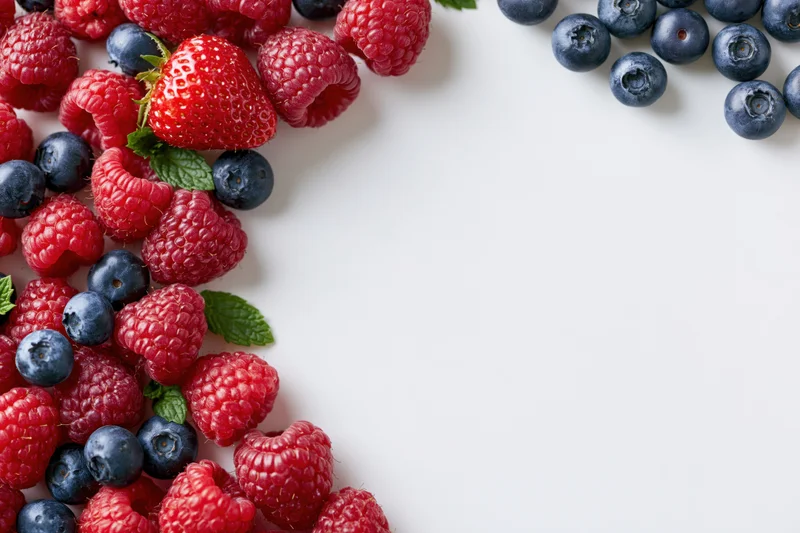 Fresh raspberries blueberries and one strawberry arranged on white surface with copyspace