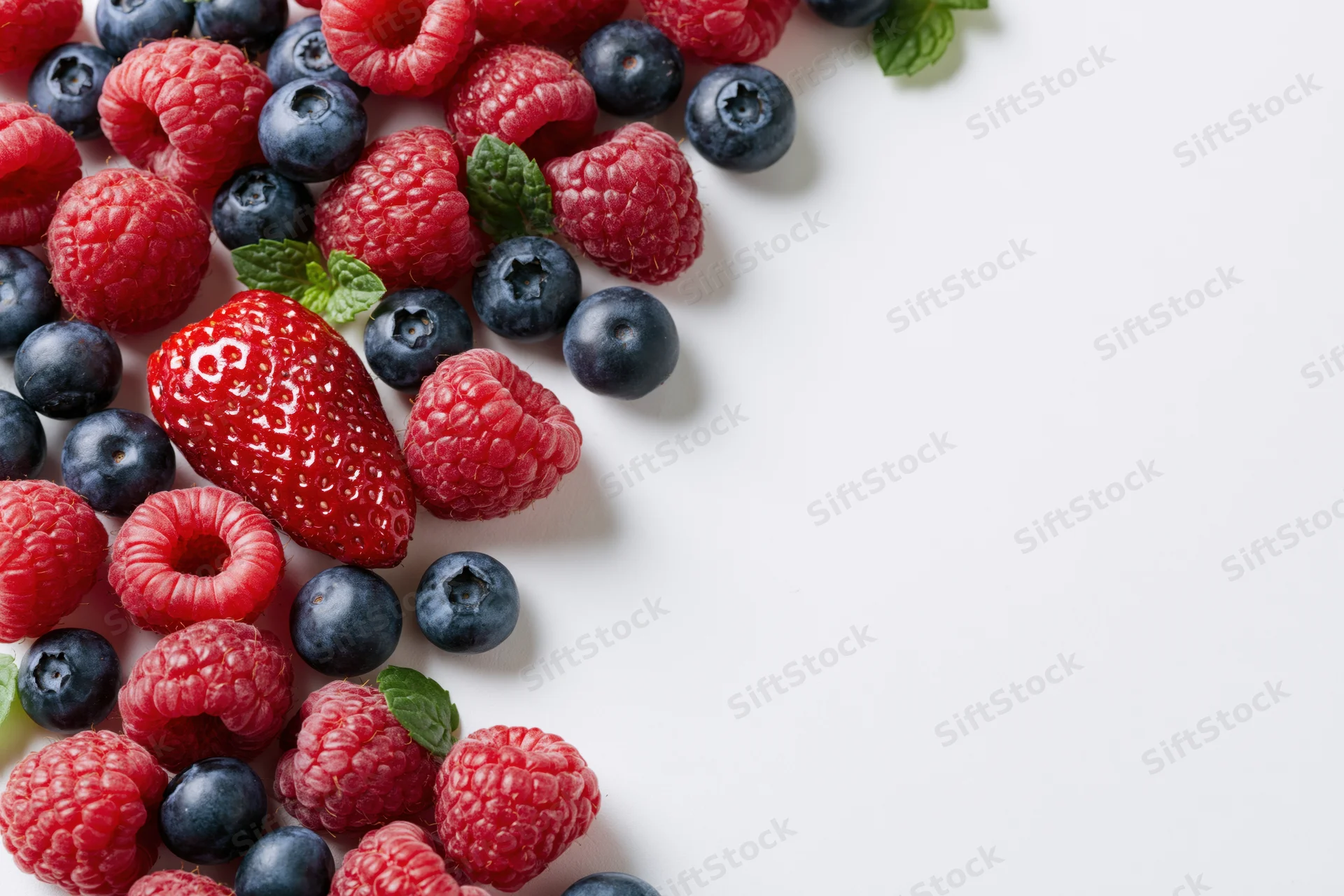 Fresh raspberries blueberries and one strawberry scattered on white surface with copyspace