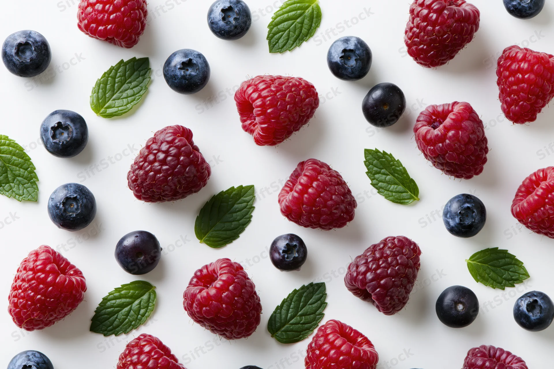Raspberries, blueberries and mint leaves scattered on white surface in flat lay arrangement