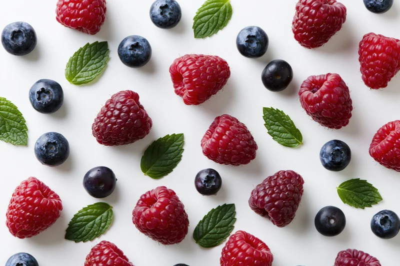 Raspberries, blueberries and mint leaves scattered on white surface in flat lay arrangement