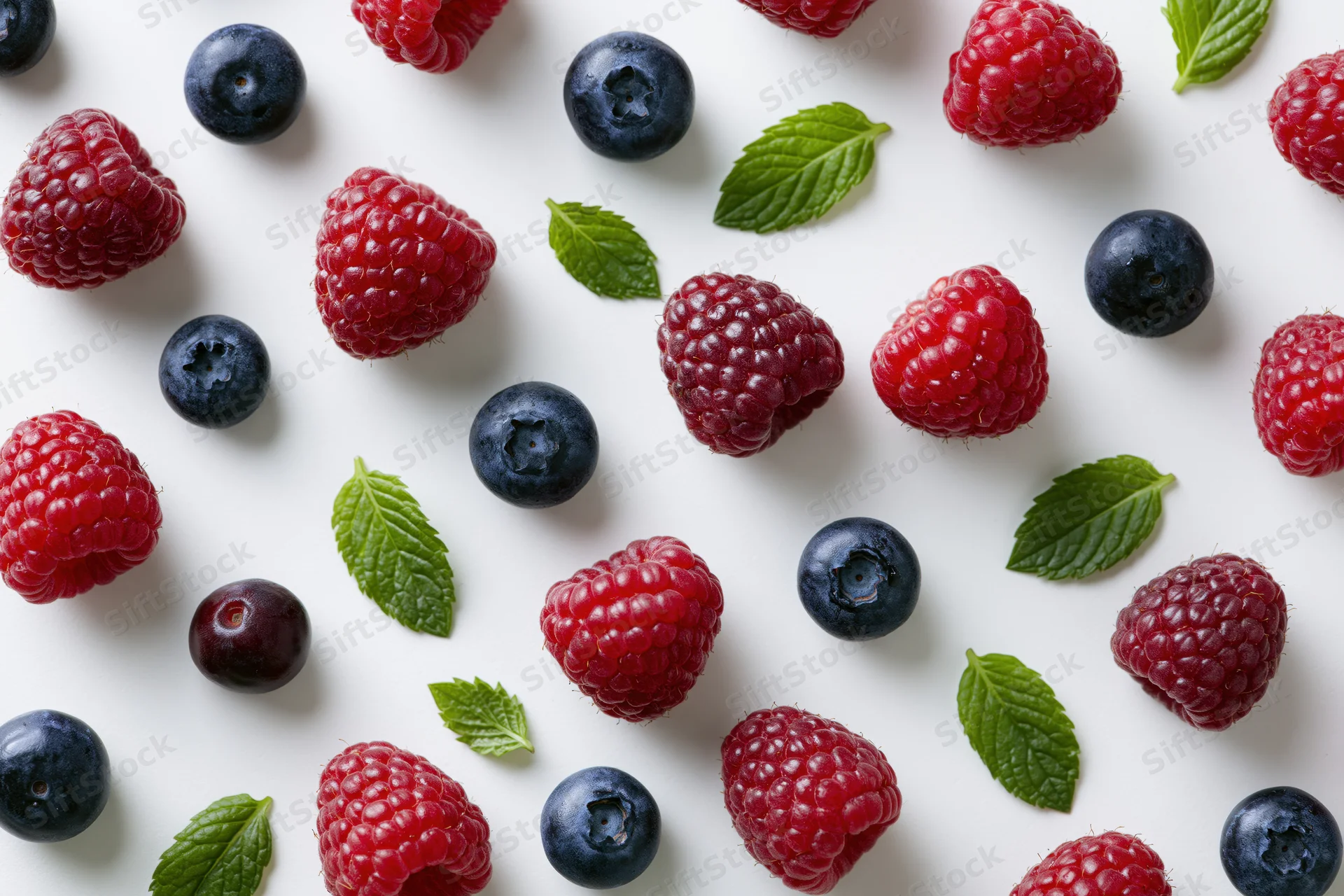 Raspberries and blueberries scattered with mint leaves on white surface