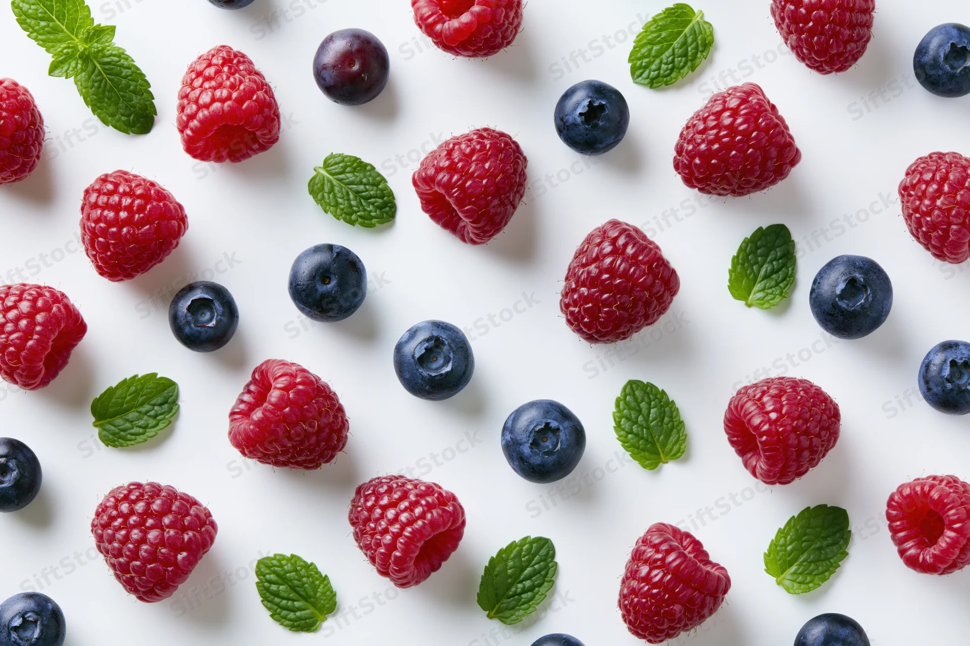 Raspberries blueberries and mint leaves scattered on white surface