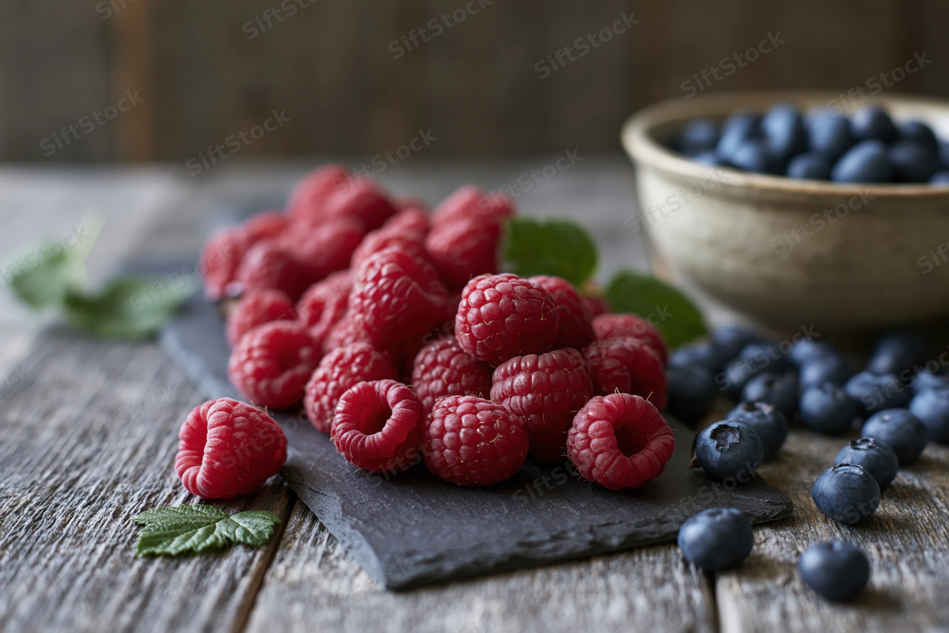 Fresh raspberries and blueberries arranged on a dark slate board on a wooden table