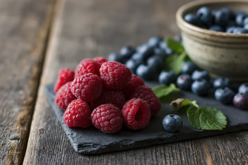 Fresh raspberries and blueberries arranged on a dark slate board on a wooden table