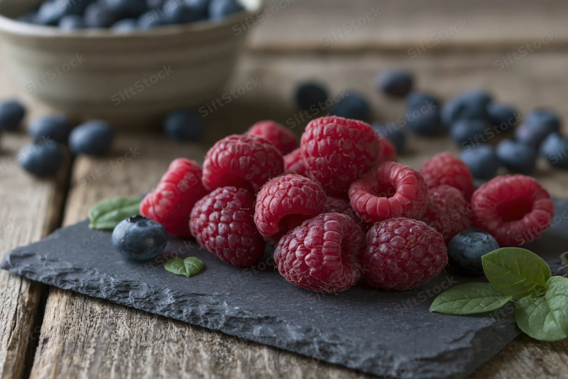 Fresh raspberries and blueberries arranged on a dark slate board with mint leaves on a wooden table