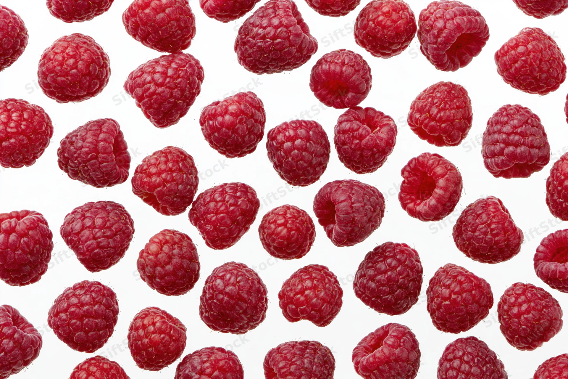 Fresh raspberries scattered across a pure white background