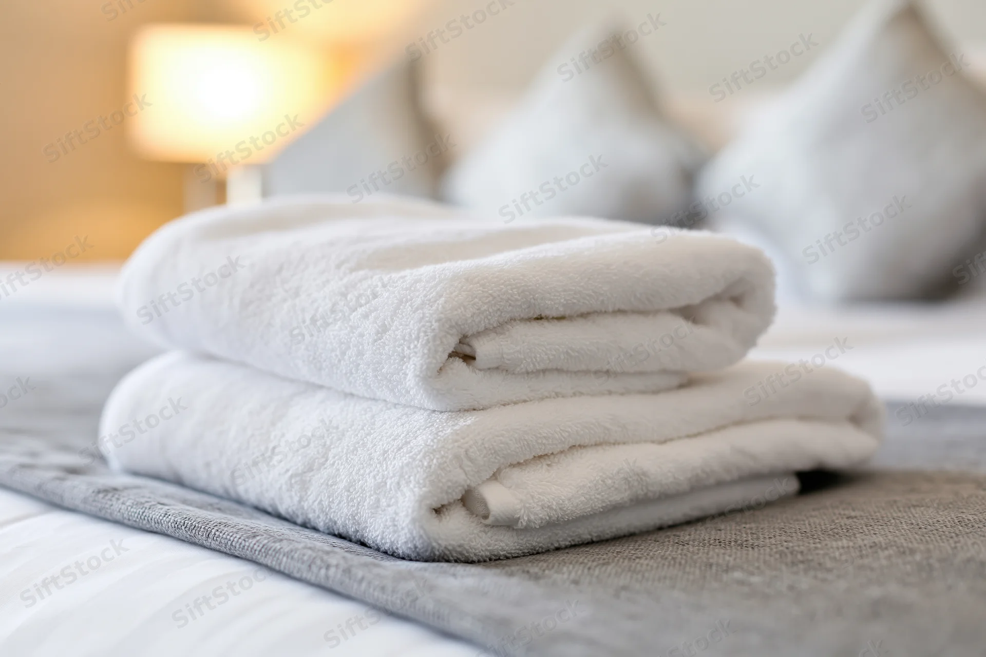Folded white towels stacked on a neatly made hotel bed with pillows and lamp in background