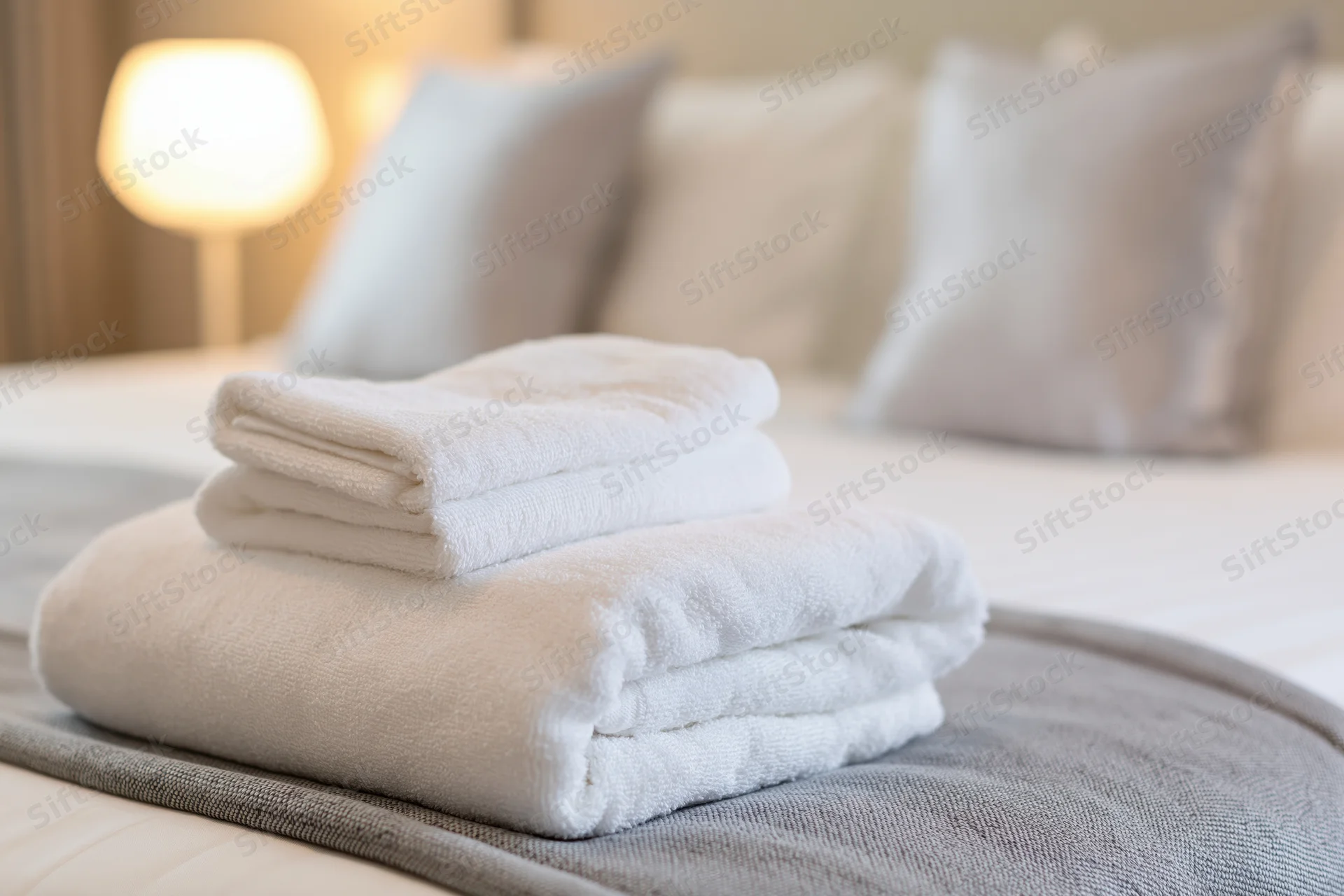 Stack of folded white towels on a neatly made bed in a hotel room