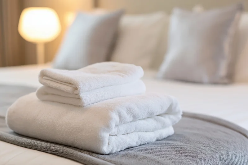 Stack of folded white towels on a neatly made bed in a hotel room