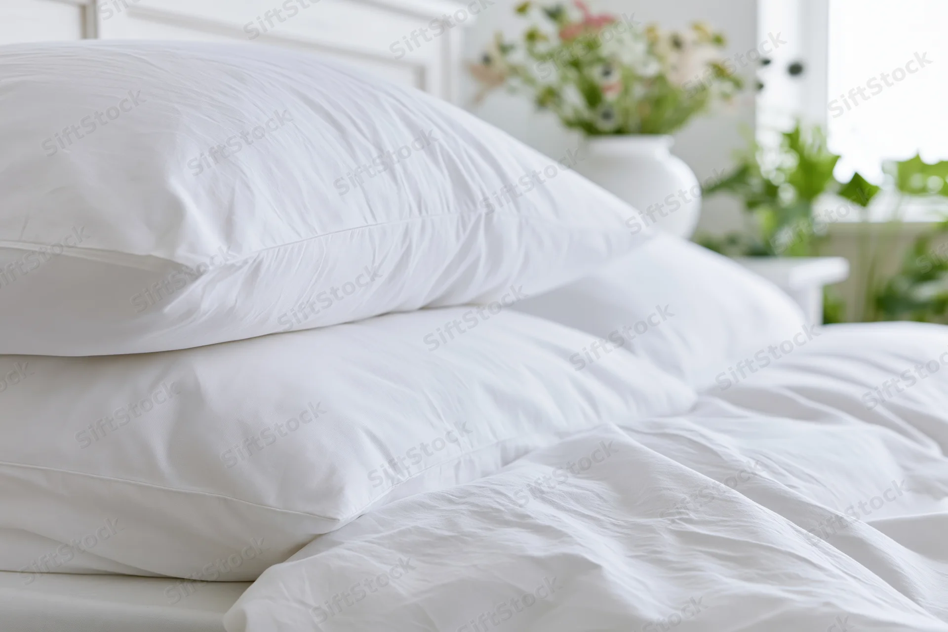 Stacked white cotton pillows on a made bed in a bright bedroom with flowers in a vase near the window