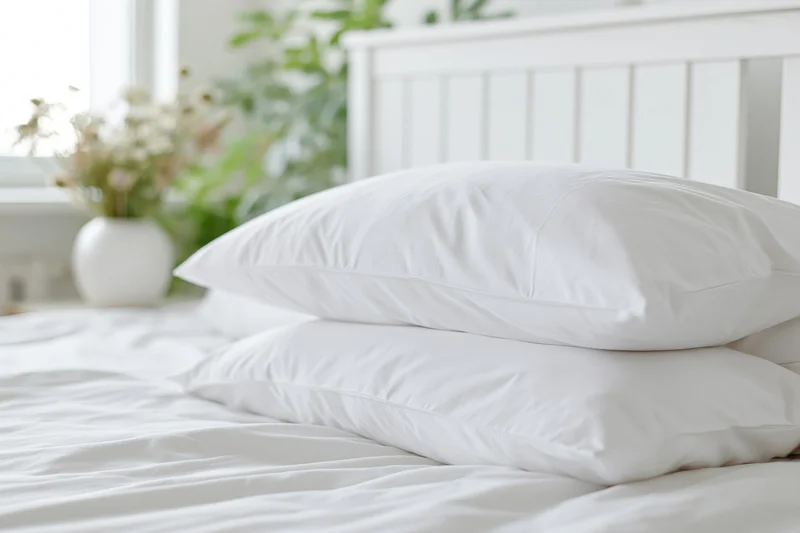 Two white cotton pillows stacked on a made bed in a bright bedroom with a vase of flowers by the window