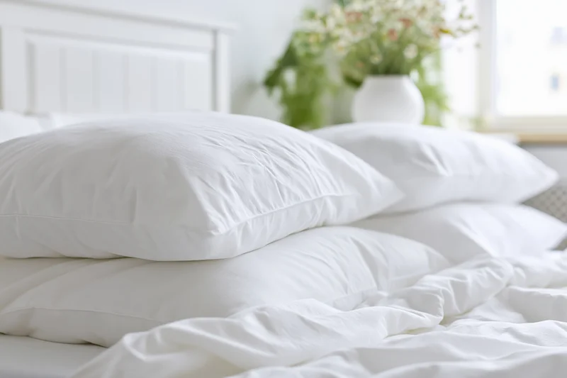 Stacked white cotton pillows on a made bed in a bright bedroom with flowers in a vase near the window
