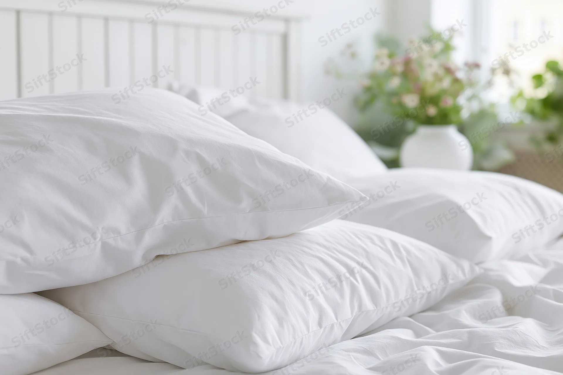 White cotton pillows stacked on a bed in a bright bedroom with flowers in a vase near the window