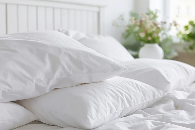 White cotton pillows stacked on a bed in a bright bedroom with flowers in a vase near the window