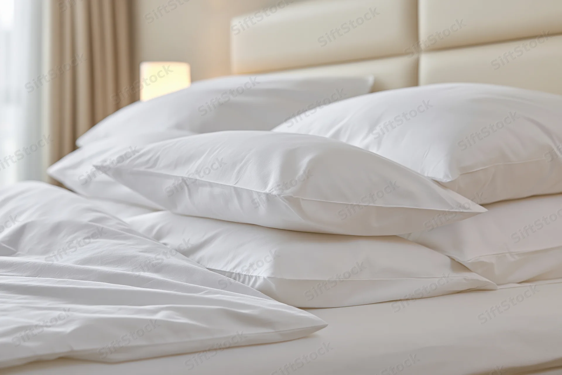 Four white pillows stacked on a neatly made hotel bed with beige headboard and soft lighting