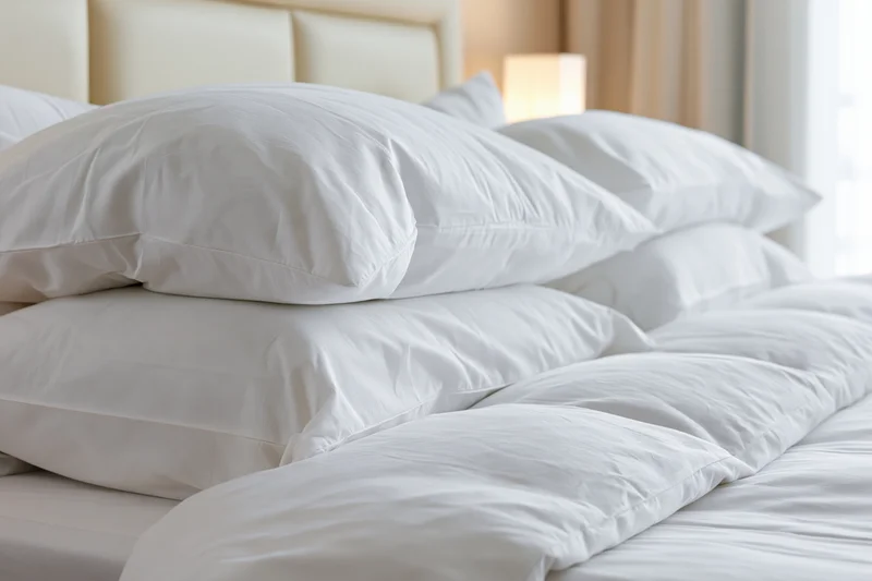 Freshly made hotel bed with four white pillows stacked against a headboard, soft lighting from a bedside lamp