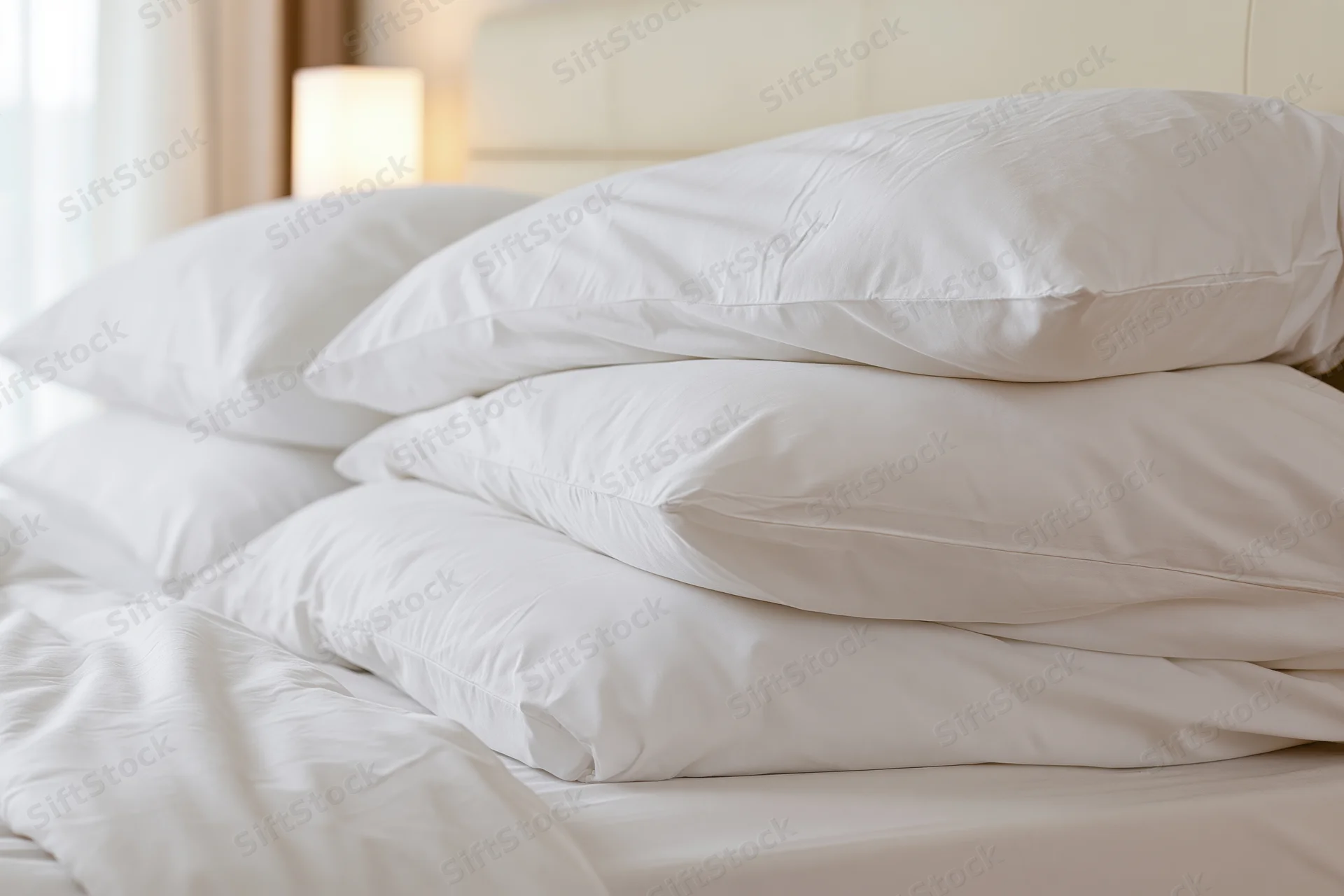 Stack of white pillows on a made bed in a hotel bedroom