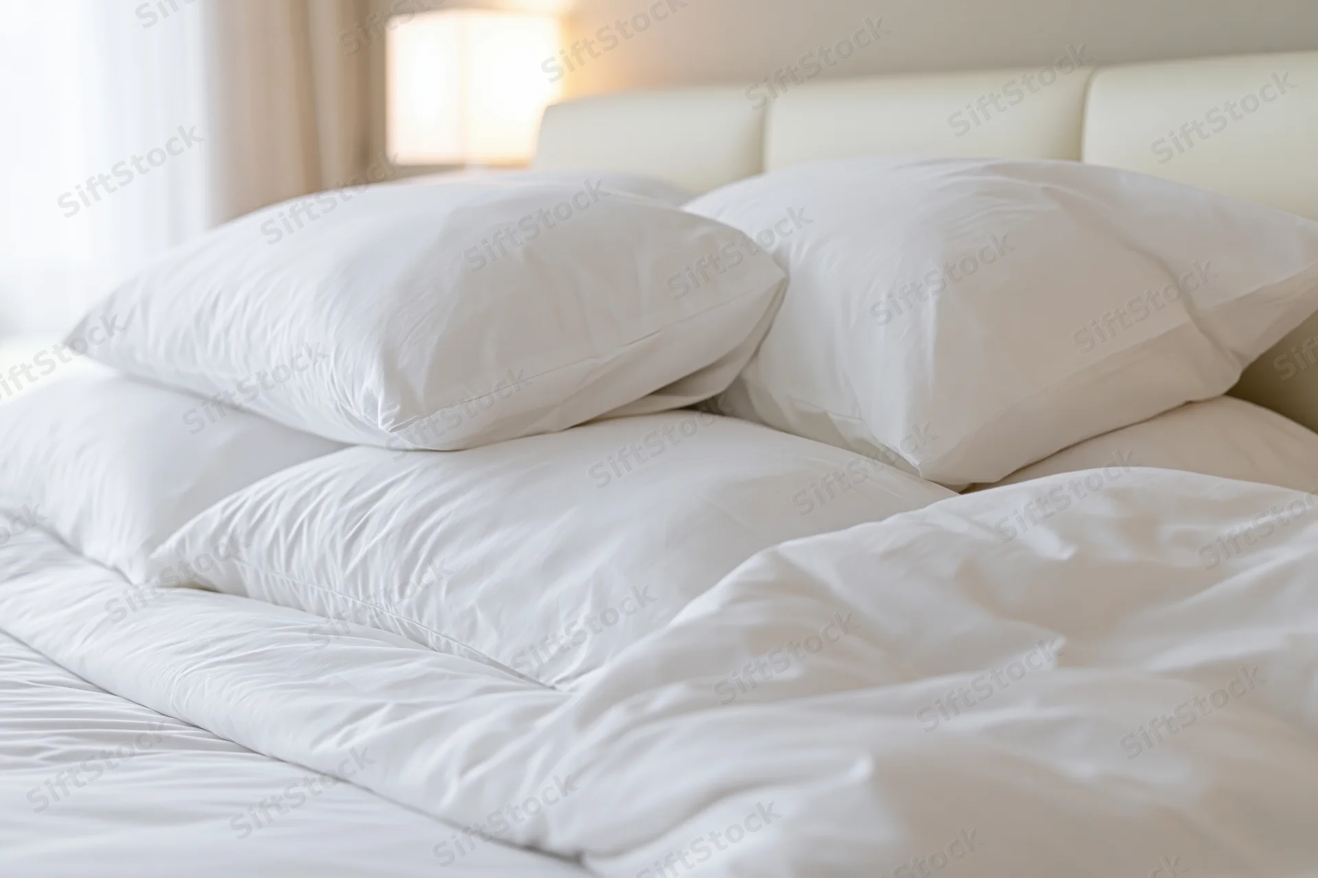 Freshly made hotel bed with four white pillows stacked against a headboard, soft lighting in the background