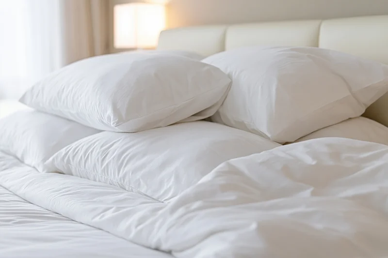 Freshly made hotel bed with four white pillows stacked against a headboard, soft lighting in the background
