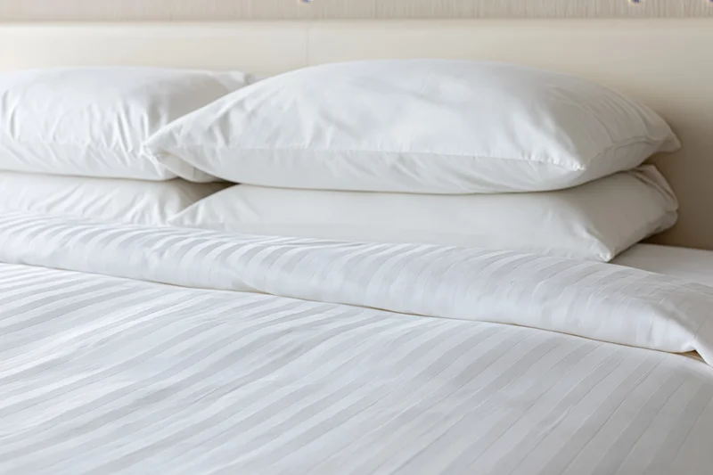 Freshly made hotel bed with three white pillows stacked against headboard, covered in striped sheets and duvet