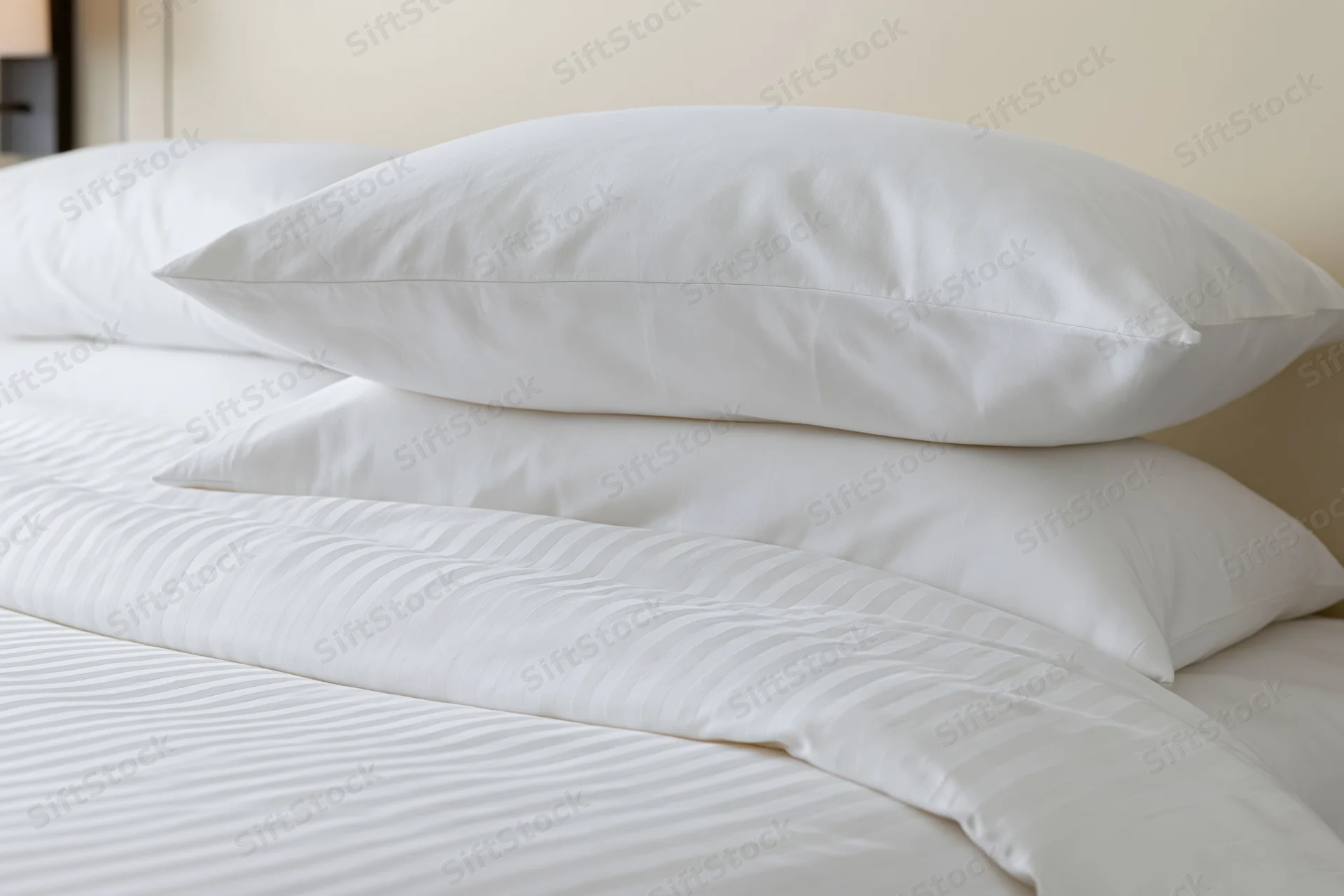 Three white pillows stacked on a neatly made hotel bed with striped sheets and a beige headboard