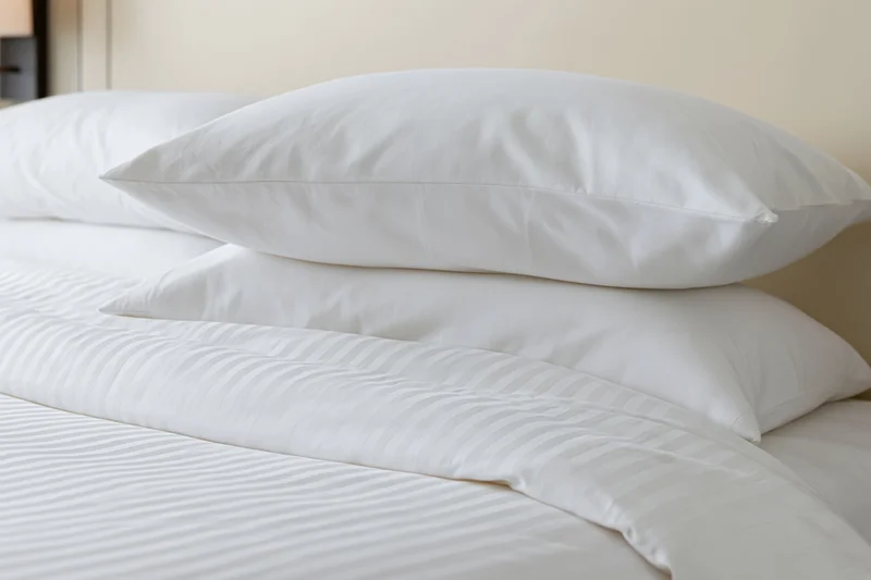 Three white pillows stacked on a neatly made hotel bed with striped sheets and a beige headboard