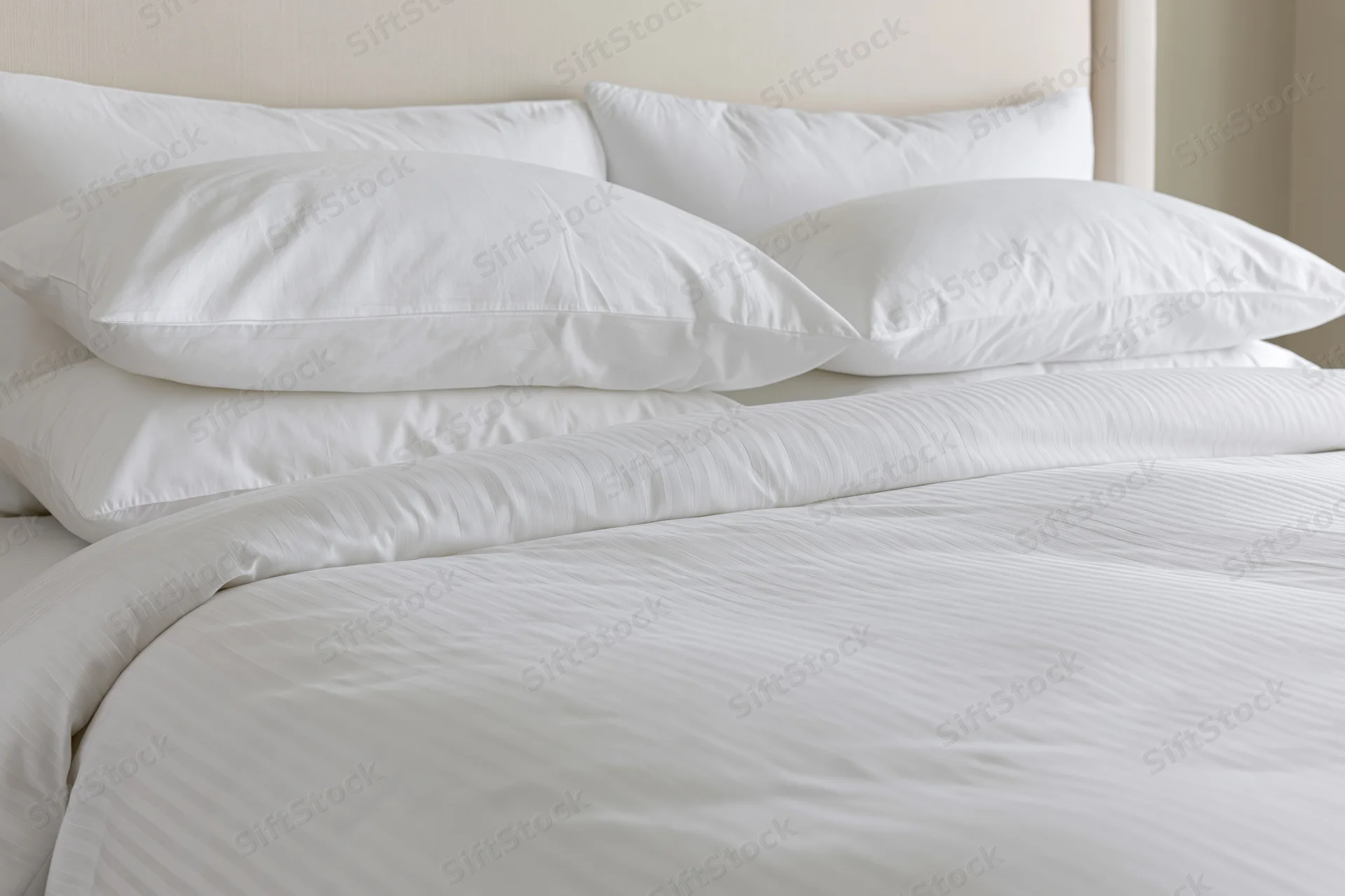 Freshly made hotel bed with three white pillows stacked against a beige headboard, covered in crisp white linens and a striped duvet