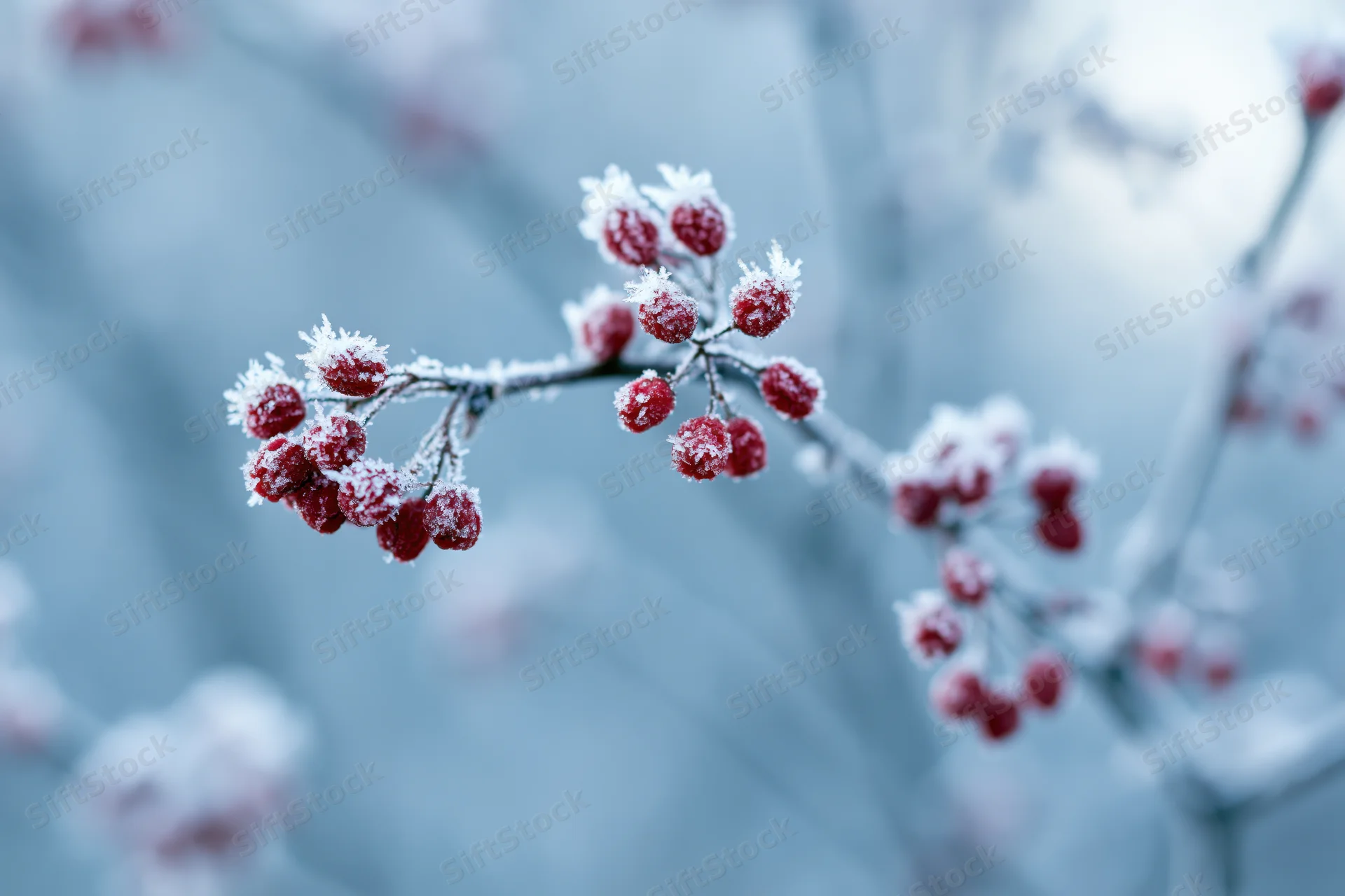 Frost-covered red berries on thin branches in winter outdoors