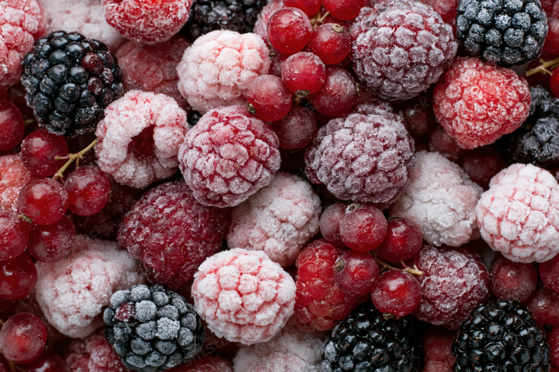 Frozen mixed berries including raspberries blackberries and redcurrants in a closeup pile