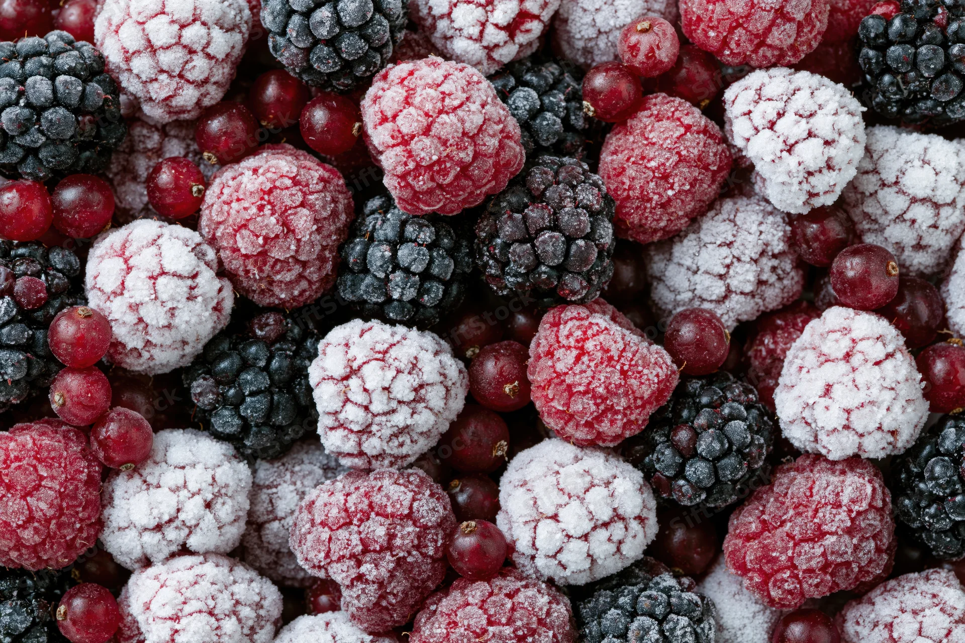 Frozen mixed berries including raspberries blackberries and redcurrants covered in frost