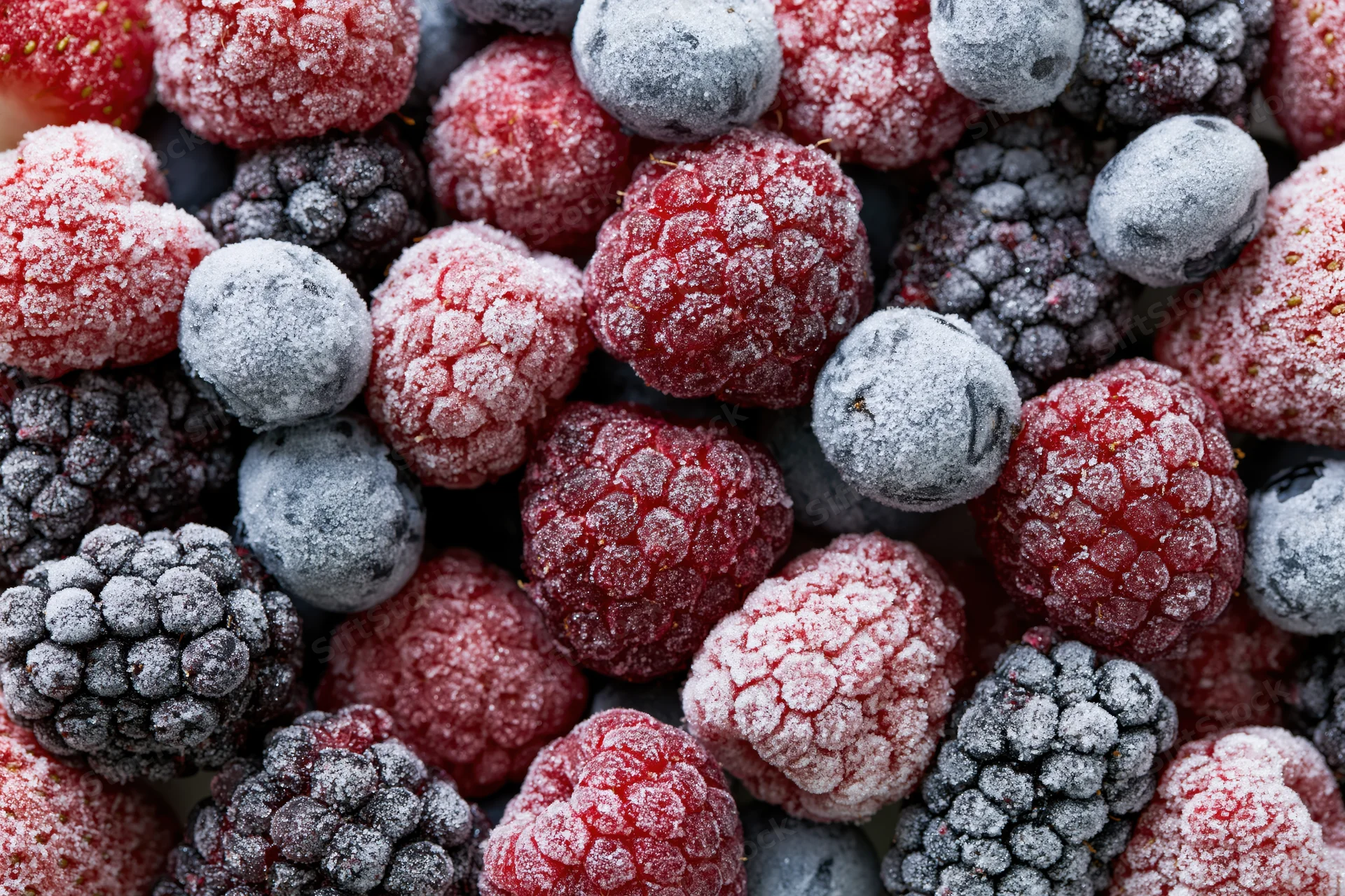 Closeup of frozen mixed berries covered in frost, including raspberries, blueberries and blackberries