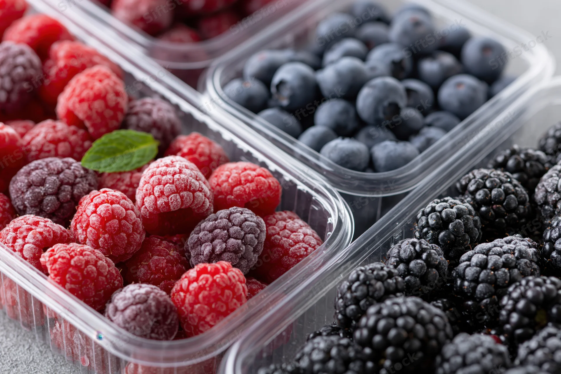 Frozen raspberries blueberries and blackberries in clear plastic containers arranged in a close-up still life display