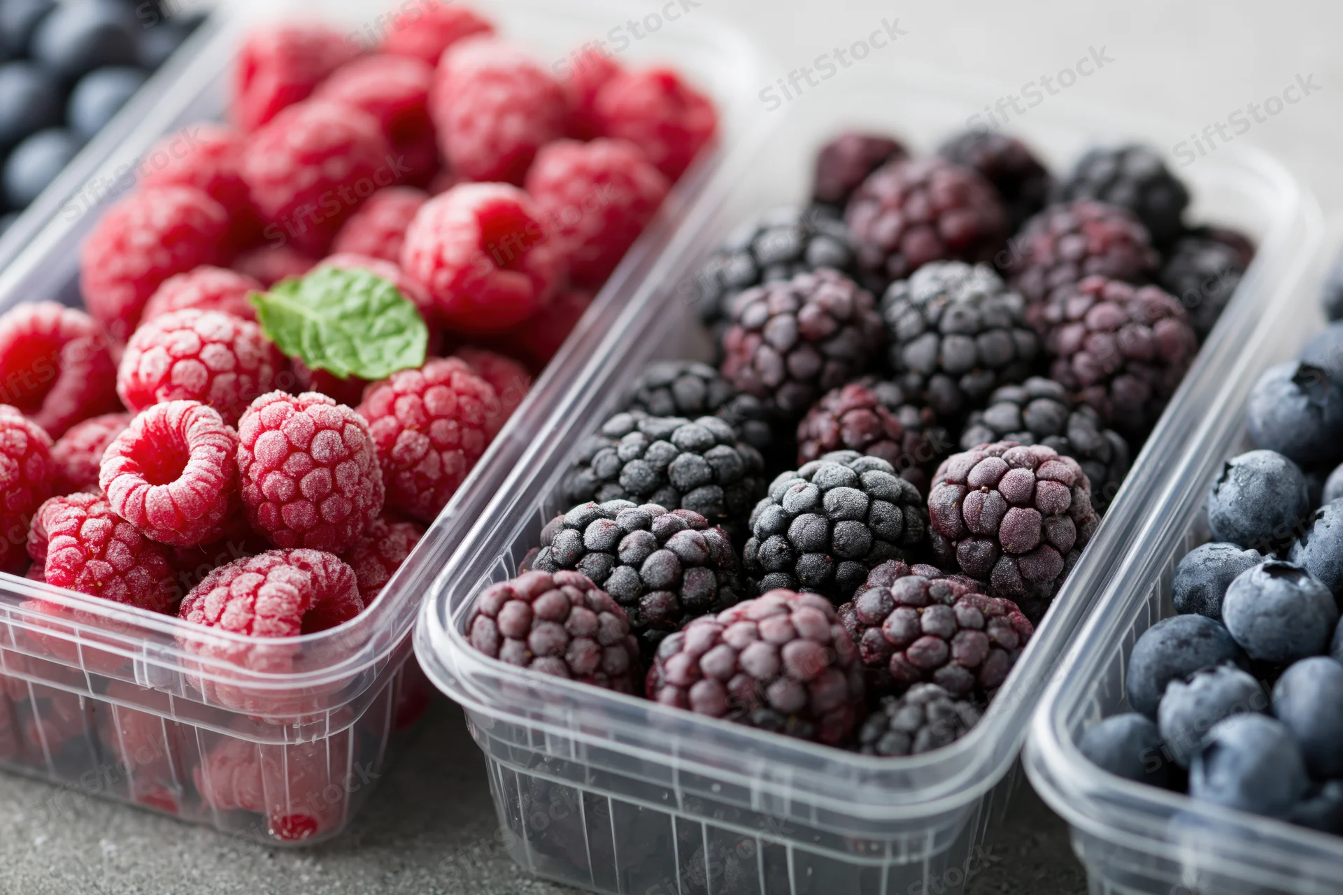 Frozen berries in clear plastic containers arranged on a countertop