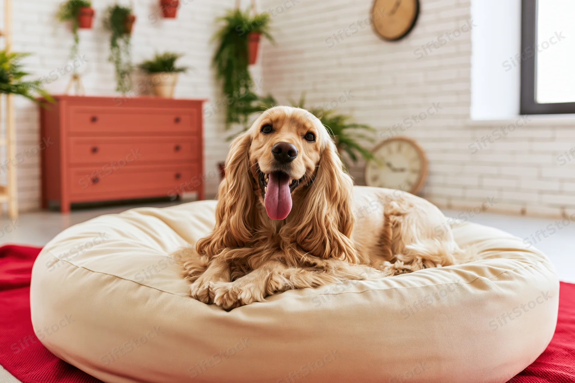 Golden cocker spaniel lying on a large round cream dog bed in a bright living room with plants and furniture